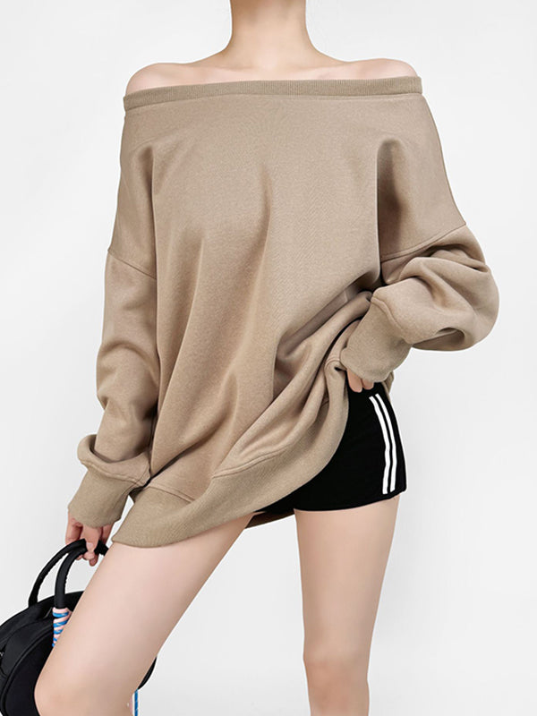 Solid Color Split-Joint Long Sleeves Loose Round-neck Sweatshirt Tops
