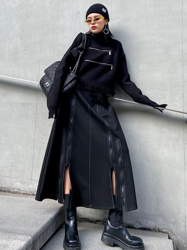 Solid Color Split-Joint Split-Side Zipper A-Line Irregularity Skirts Bottoms