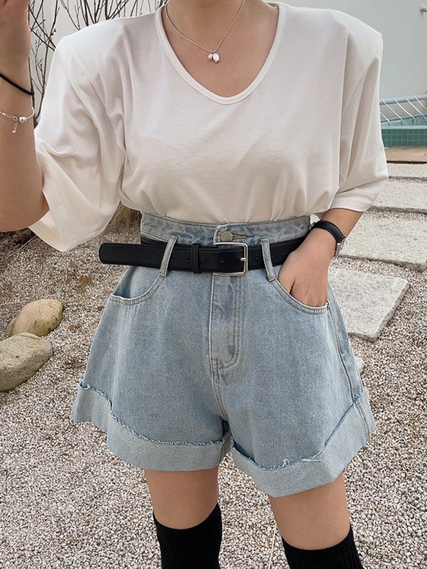 Belted Buttoned Pockets Split-Joint High Waisted Loose Denim Shorts