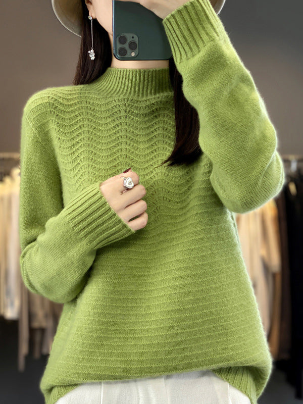 Solid Color Long Sleeves Loose Mock Neck Sweater Tops Pullovers