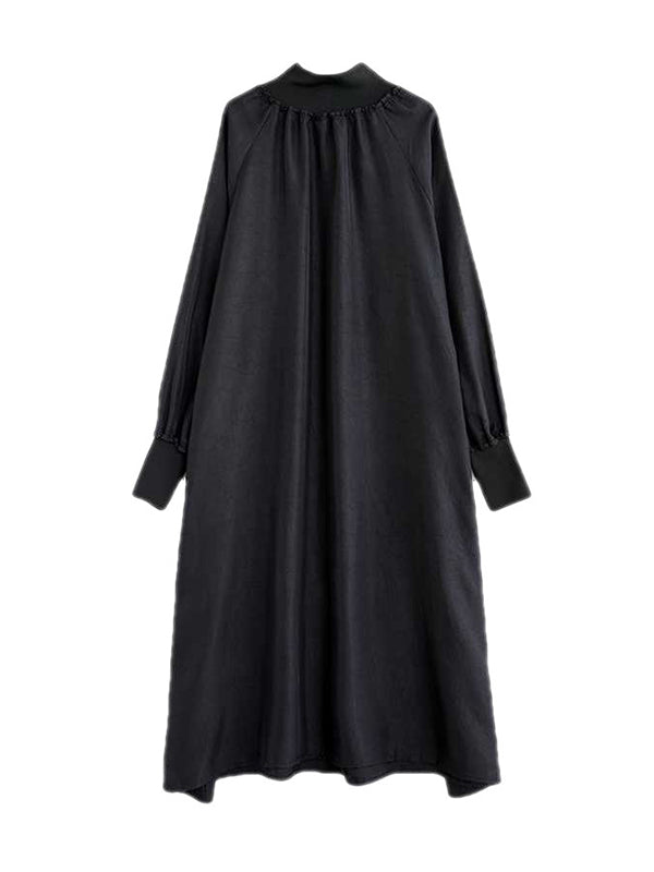 Pleated Pockets Solid Color Split-Joint A-Line Long Sleeves High Neck Midi Dresses