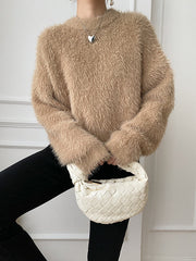 Simple Loose Long Sleeves Solid Color Round-Neck Sweater Tops