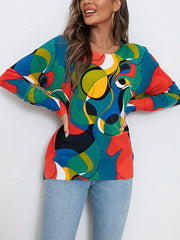 Contrast Color Printed Long Sleeves Loose Round-Neck Sweater Tops Pullovers Knitwear