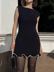Ruffle Trim Solid Color High Waisted Sleeveless Round-Neck Mini Dresses
