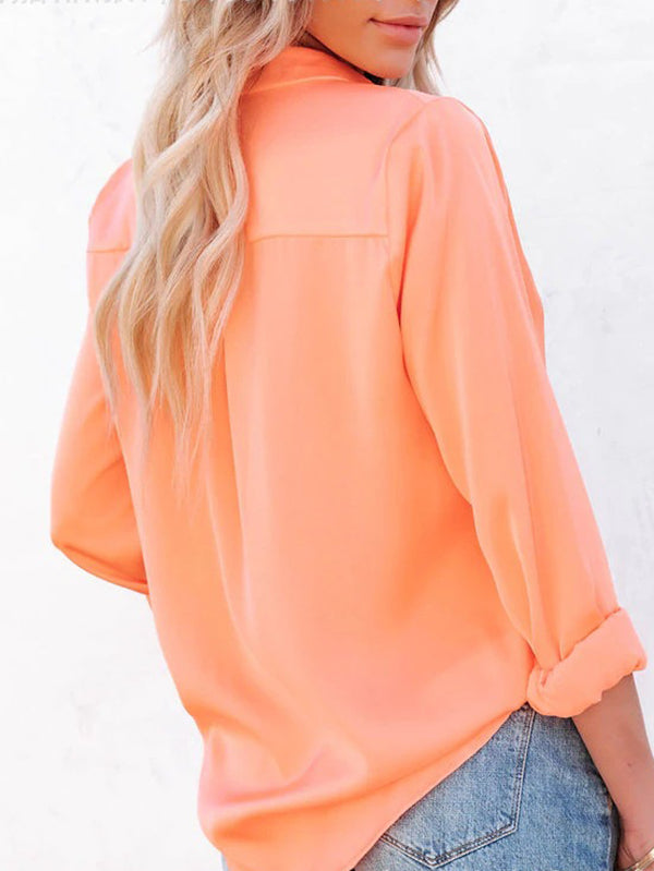 Urban Simple Long Sleeves Solid Color Lapel Blouses Top