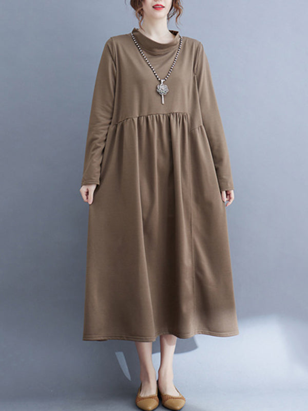 Casual Loose Long Sleeves Solid Color Stand Collar Midi Dresses