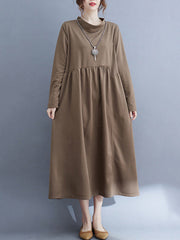 Casual Loose Long Sleeves Solid Color Stand Collar Midi Dresses