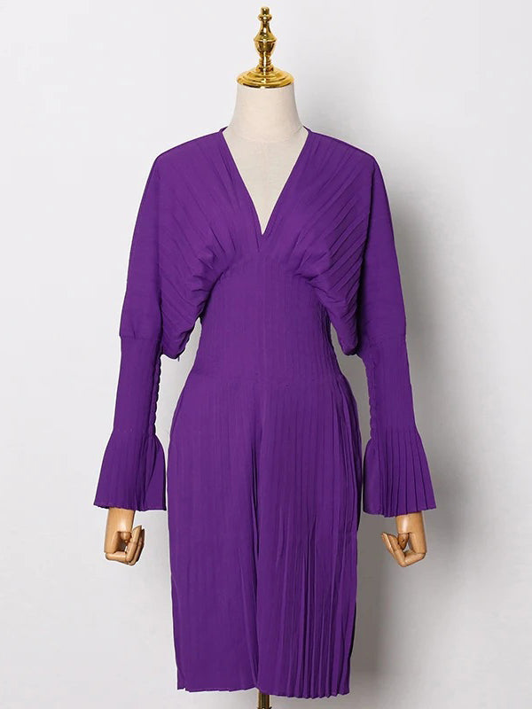 Pleated Solid Color Flared Sleeves High Waisted V-Neck Mini Dresses