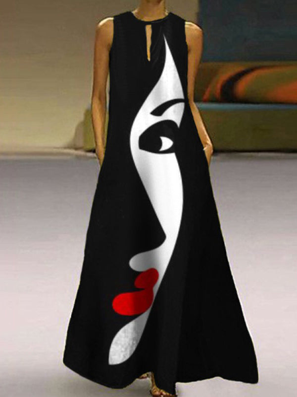 Original Loose V-Neck Face Printed Black Maxi Dress