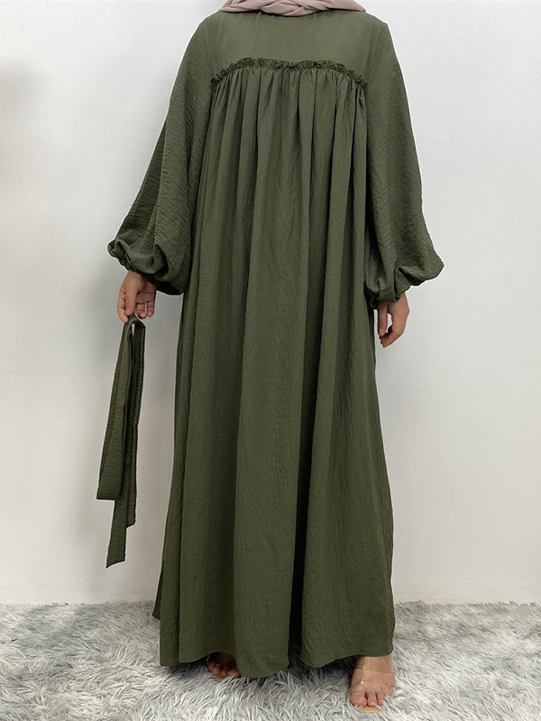 Elasticity Muslim Pleated Solid Color Split-Joint Tied Waist Bishop Sleeve Long Sleeves Round-Neck Maxi Dresses