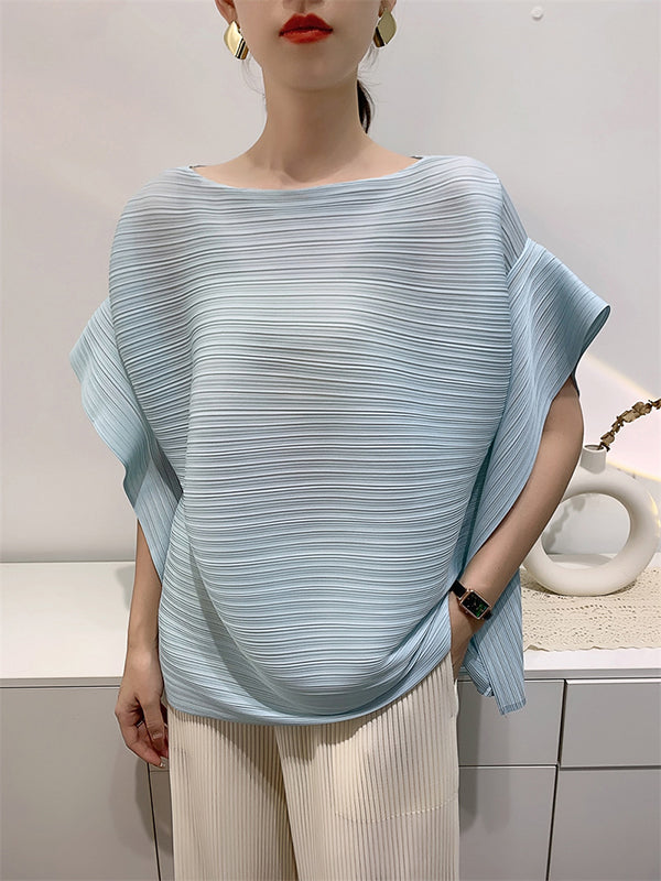 Pleated Solid Color Batwing Sleeves Loose Round-Neck T-Shirts Tops