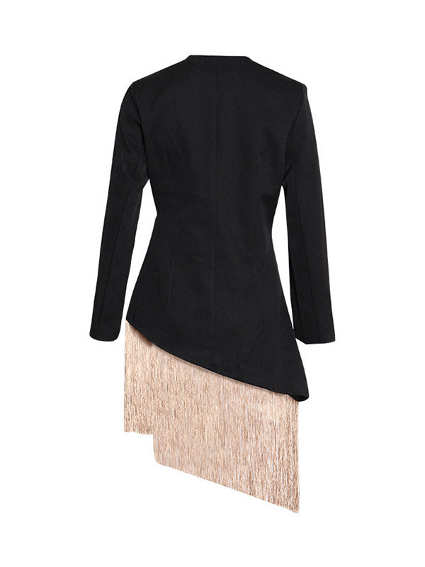 Asymmetric Embroidered Split-Joint Tasseled Tied Long Sleeves Loose V-Neck Outerwear Blazer