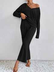 Solid Color Long Sleeves Loose V-Neck Shirt Top + Pants Bottom Pajama Sets