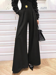 Buttoned Pleated High Waisted Wide Leg Trousers Pants