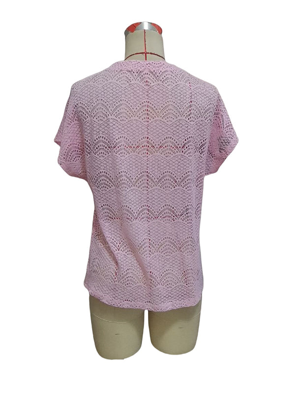 Hollow See-Through Solid Color Split-Joint Loose Short Sleeves V-Neck T-Shirts Tops