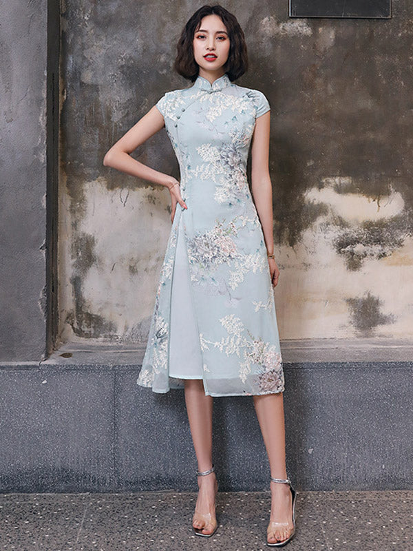 Original Applique Stand Collar Long Cheongsams