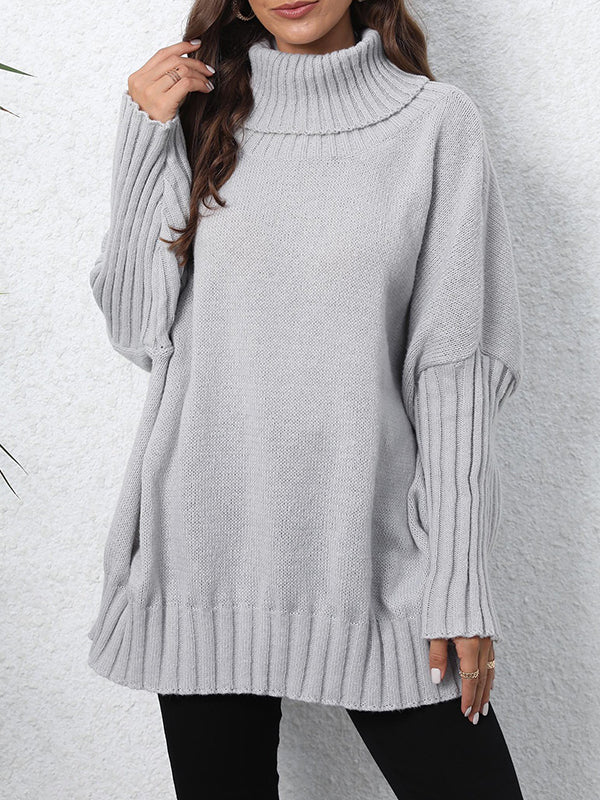 Pleated Solid Color Split-Joint Long Sleeves Loose High Neck Sweater Tops