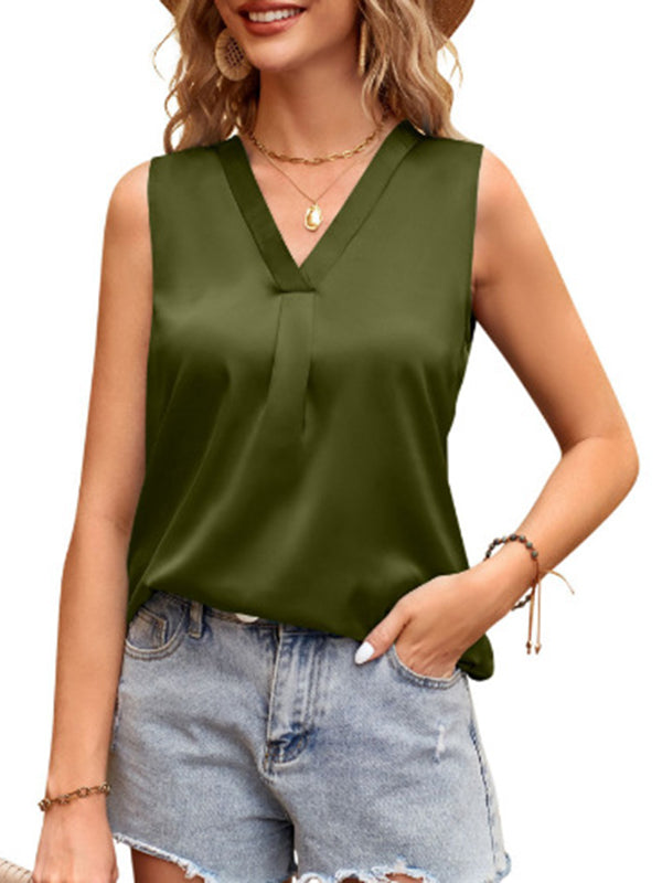 Pleated Solid Color Split-Joint Loose Sleeveless V-Neck Vest Top