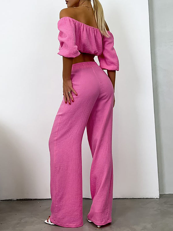 Solid Color Puff Sleeves Elasticity Off-The-Shoulder Vest Top + High Waisted Pants Bottom Two Pieces Set