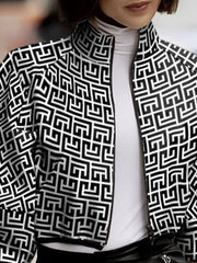 Loose Puff Sleeves Printed Stand Collar Outerwear