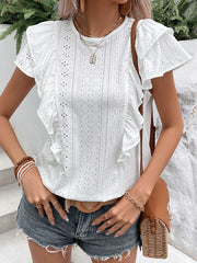Floral Pleated Solid Color Split-Joint Loose Short Sleeves Round-neck T-Shirts Tops