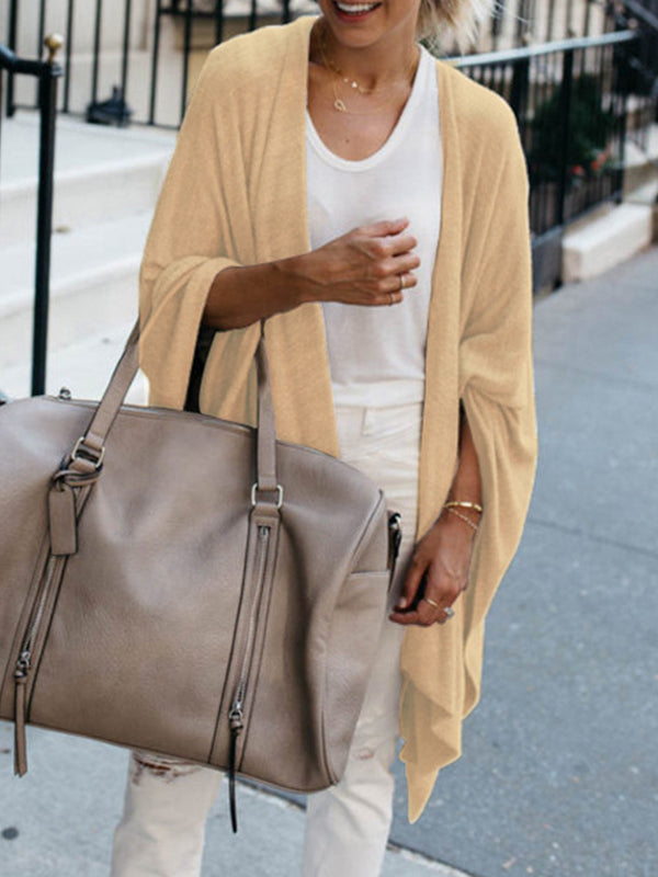 Solid Color Batwing Sleeves Loose Collarless Cardigan Tops