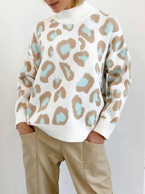 Leopard Long Sleeves Loose Mock Neck Sweater Tops Pullovers