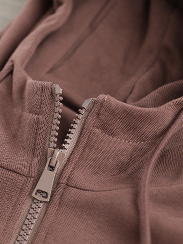 Artistic Retro Loose Long Sleeves Solid Color Zipper Hooded Outerwear