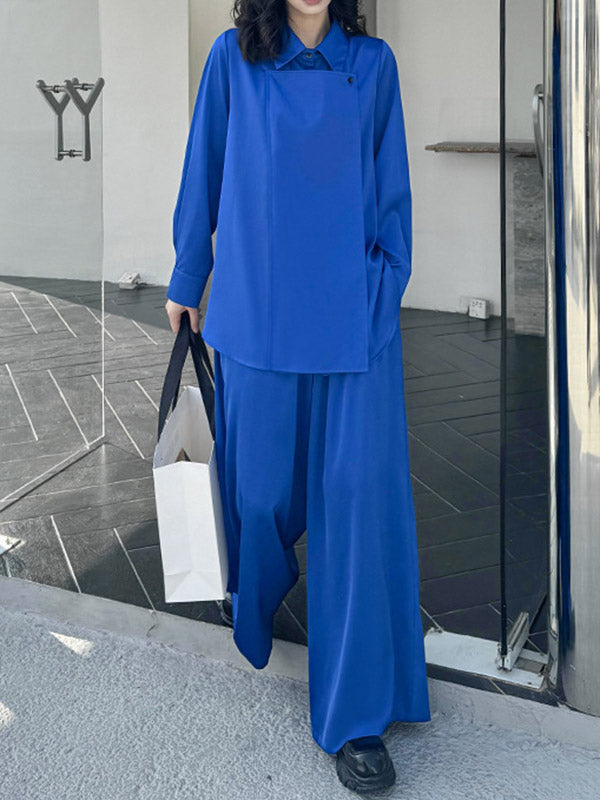 Buttoned Solid Color Long Sleeves Lapel Shirts Top + Elasticity High Waisted Pants Bottom Two Pieces Set