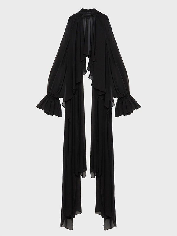 Elasticity Hollow Pleated Solid Color High-Low Long Sleeves Mock Neck Blouses&Shirts Tops