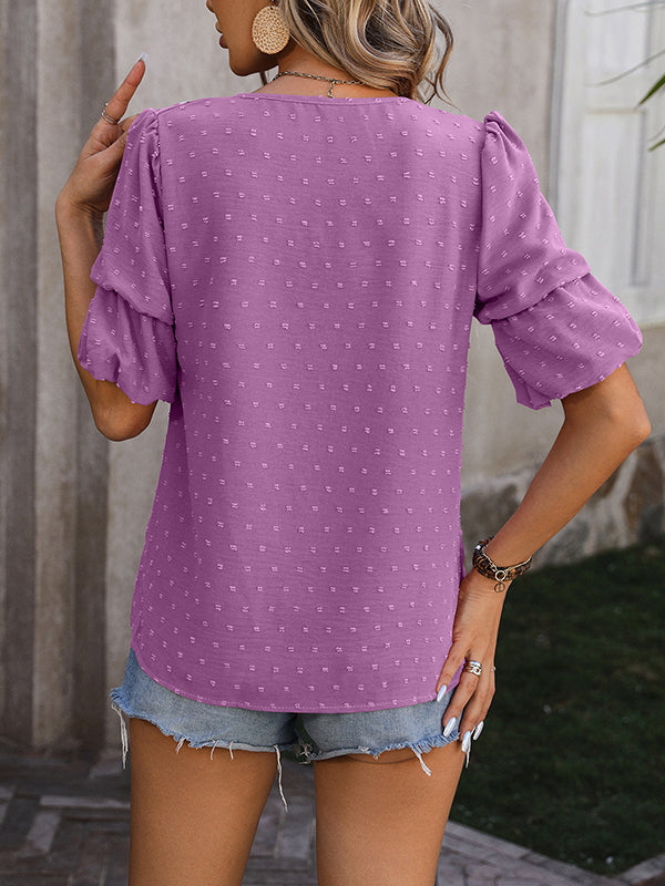 Jacquard Solid Color Puff Sleeves Wrap V-Neck T-Shirts Tops