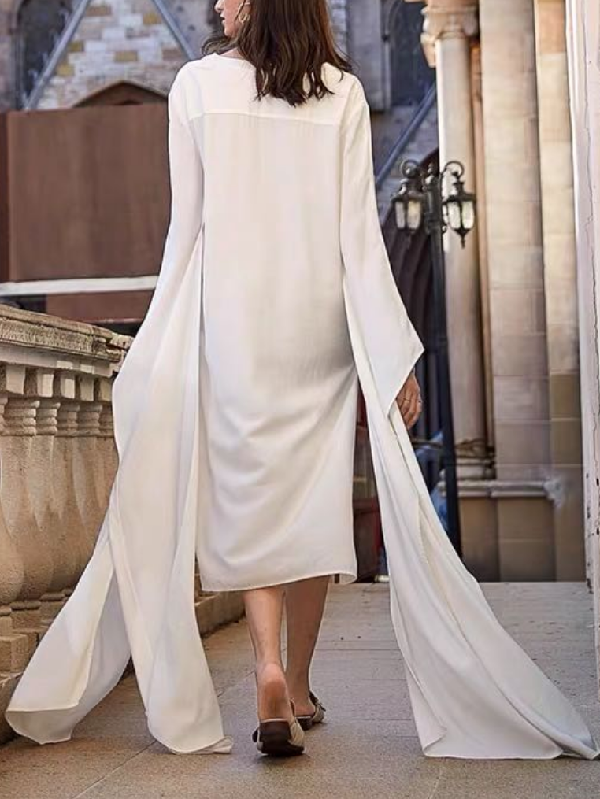 Solid Color High-low Long Sleeves V-neck Maxi Dresses