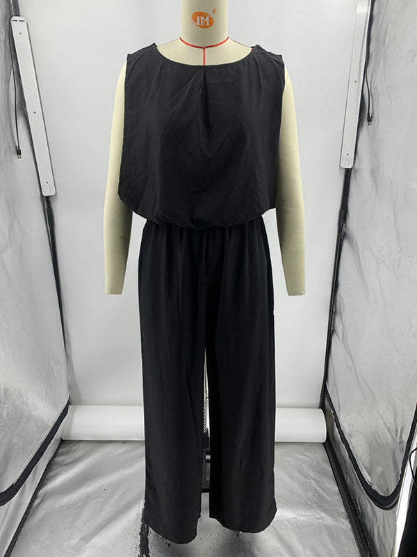 Backless Elasticity Pleated Solid Color Split-Joint High Waisted Sleeveless Jumpsuits