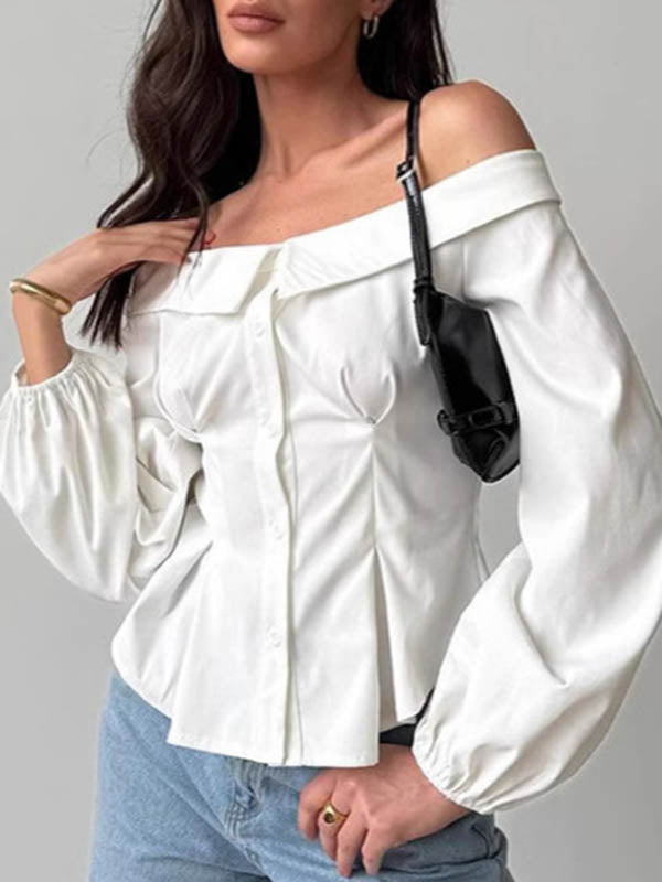 Buttoned Elasticity Pockets Solid Color Long Sleeves Loose Off-The-Shoulder Blouses&Shirts Tops