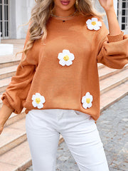 Split-Joint Three-Dimensional Flower Long Sleeves Loose Round-Neck Sweater Tops Pullovers