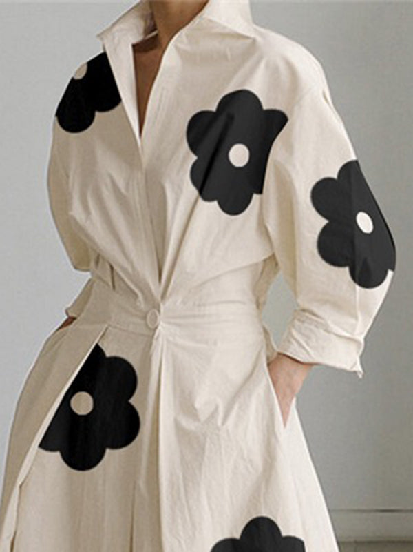 Contrast Color Floral Printed Pleated Tied Waist Long Sleeves Loose Lapel Shirt Dress
