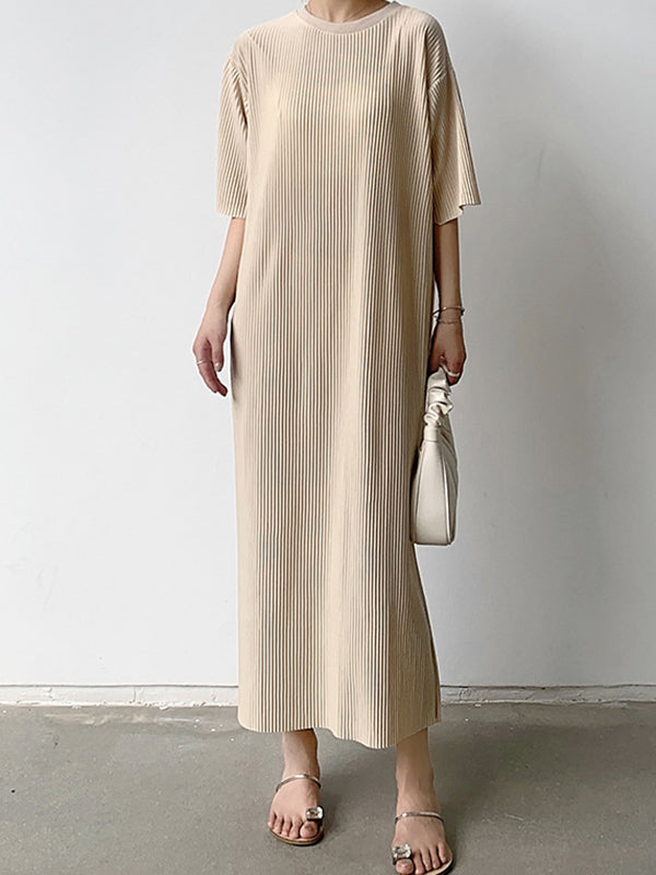 Pleated Solid Color Half Sleeves Loose Round-Neck Midi Dresses