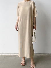 Pleated Solid Color Half Sleeves Loose Round-Neck Midi Dresses