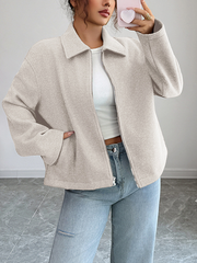 Solid Color Zipper Long Sleeves Loose Lapel Outerwear