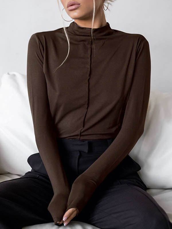 Solid Color Split-Joint Long Sleeves Skinny High Neck T-Shirts Tops