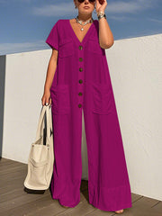 Buttoned Pockets Solid Color Loose Short Sleeves V-neck Jumpsuits