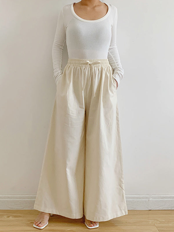 Drawstring Elasticity Pockets Solid Color High Waisted Loose Trousers Pants