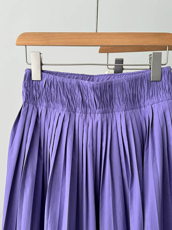 Elasticity Pleated Solid Color A-Line High Waisted Skirts