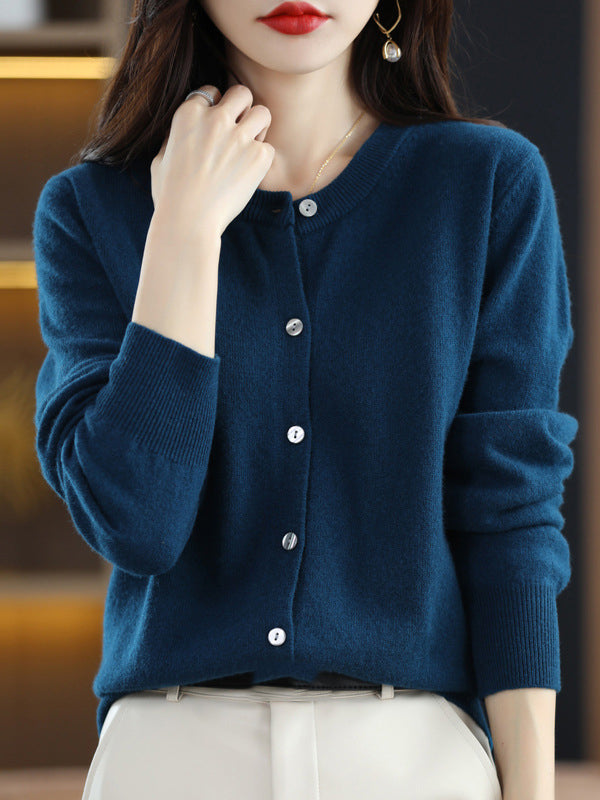 Buttoned Elasticity Long Sleeves Round-Neck Knitwear Cardigan Tops