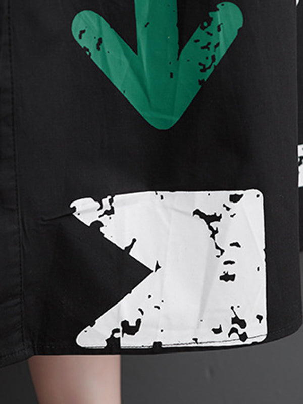 Buttoned Pleated Pockets Printed Split-Joint Loose Short Sleeves Lapel Shirt Dress Midi Dresses