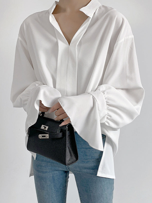 Buttoned Solid Color Split-Side Flared Sleeves High-Low V-Neck Blouses&Shirts Tops