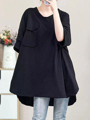 Pockets Solid Color Half Sleeves Irregular Clipping V-Neck T-Shirts Tops