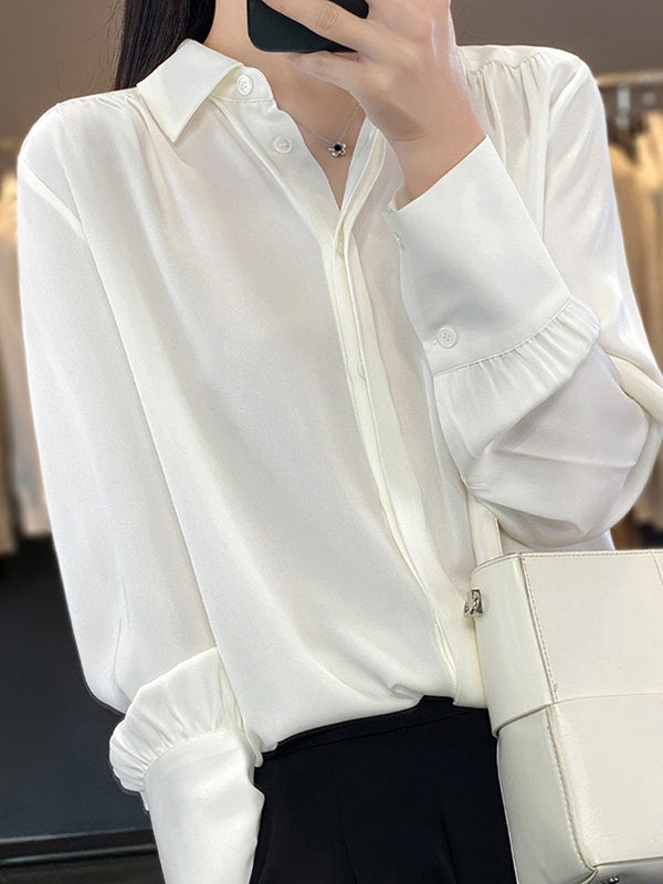 Buttoned Pleated Solid Color Long Sleeves Loose Lapel Blouses&Shirts Tops