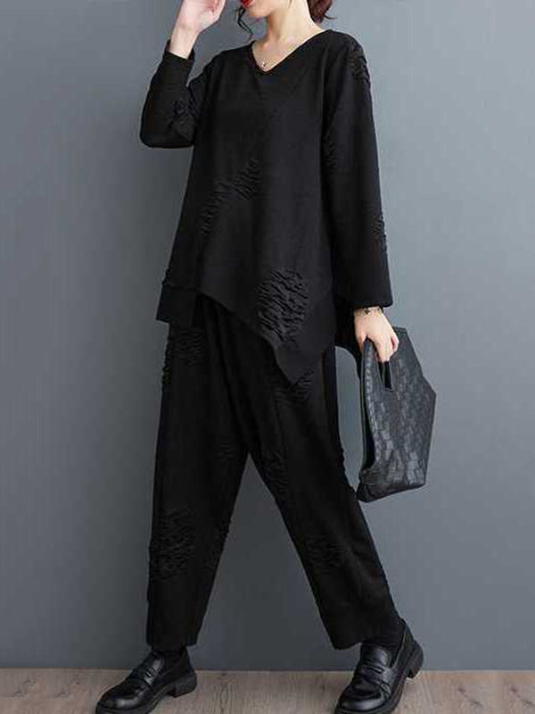 Split-Joint V-Neck Long Sleeves Asymmetric Solid Color T-Shirts Top + Harem Pants Elasticity Pants Bottom Two Pieces Set