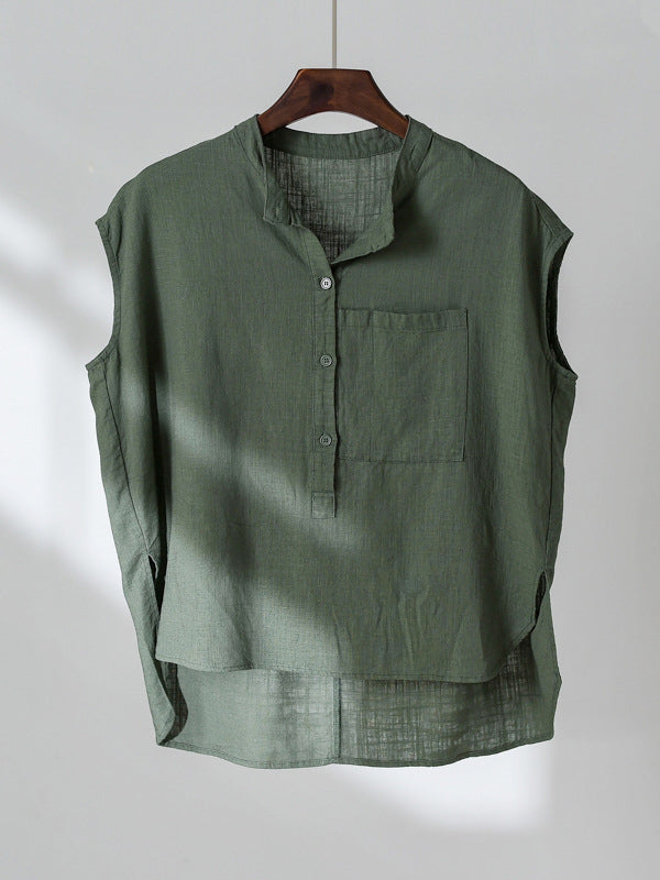 Solid Color Cap Sleeve High-Low Stand Collar Blouses&Shirts Tops